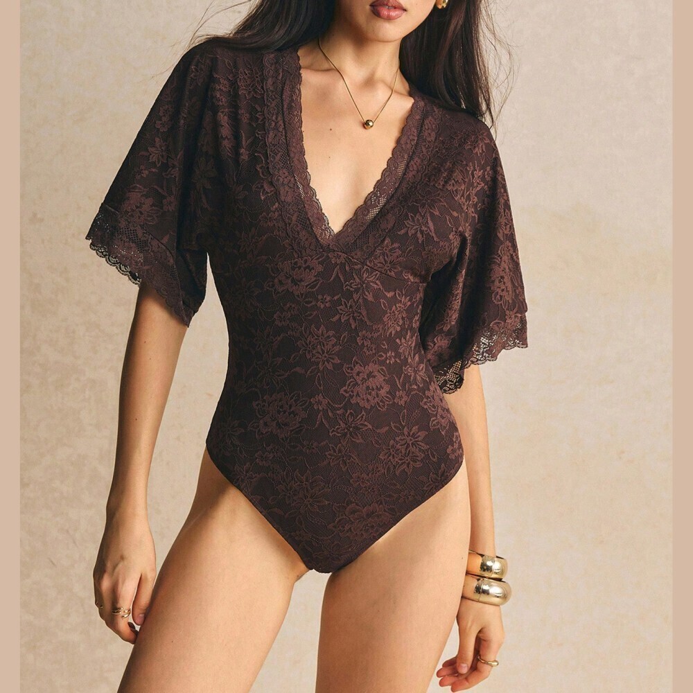Brown Floral Lace V Neck Flutter Sleeve Bodysuit